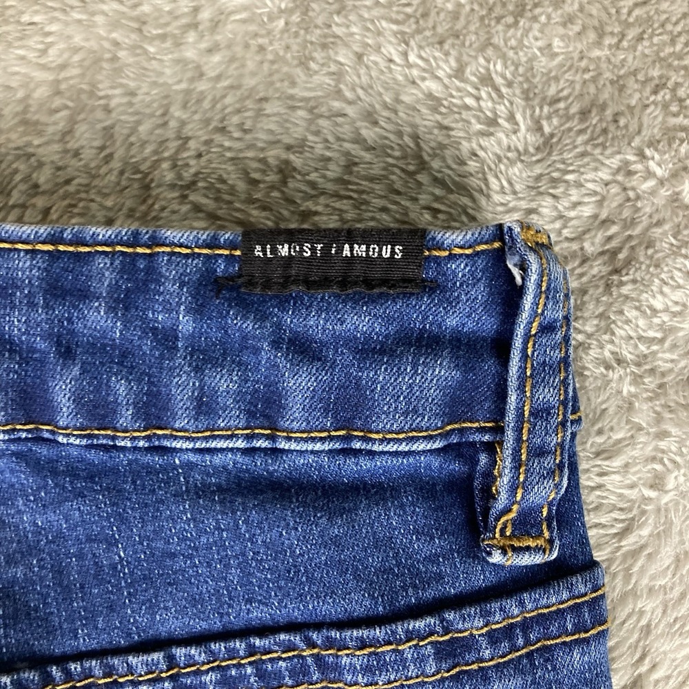 Almost Famous Jeans Size 7 26x30 Blue Denim Bell Bottom Flare Distressed Stretch - Picture 13 of 16